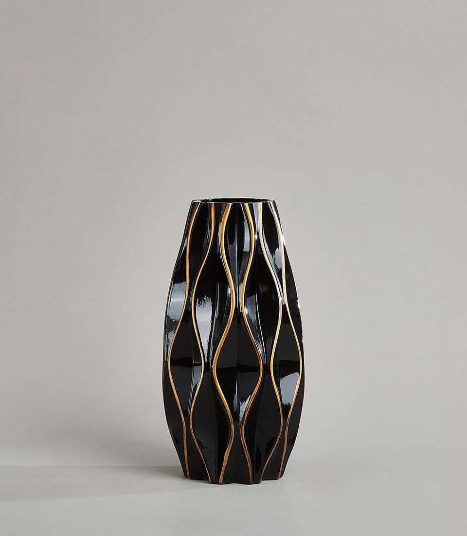 Midnight Waves black ceramic vase with gold wave detailing and glossy finish