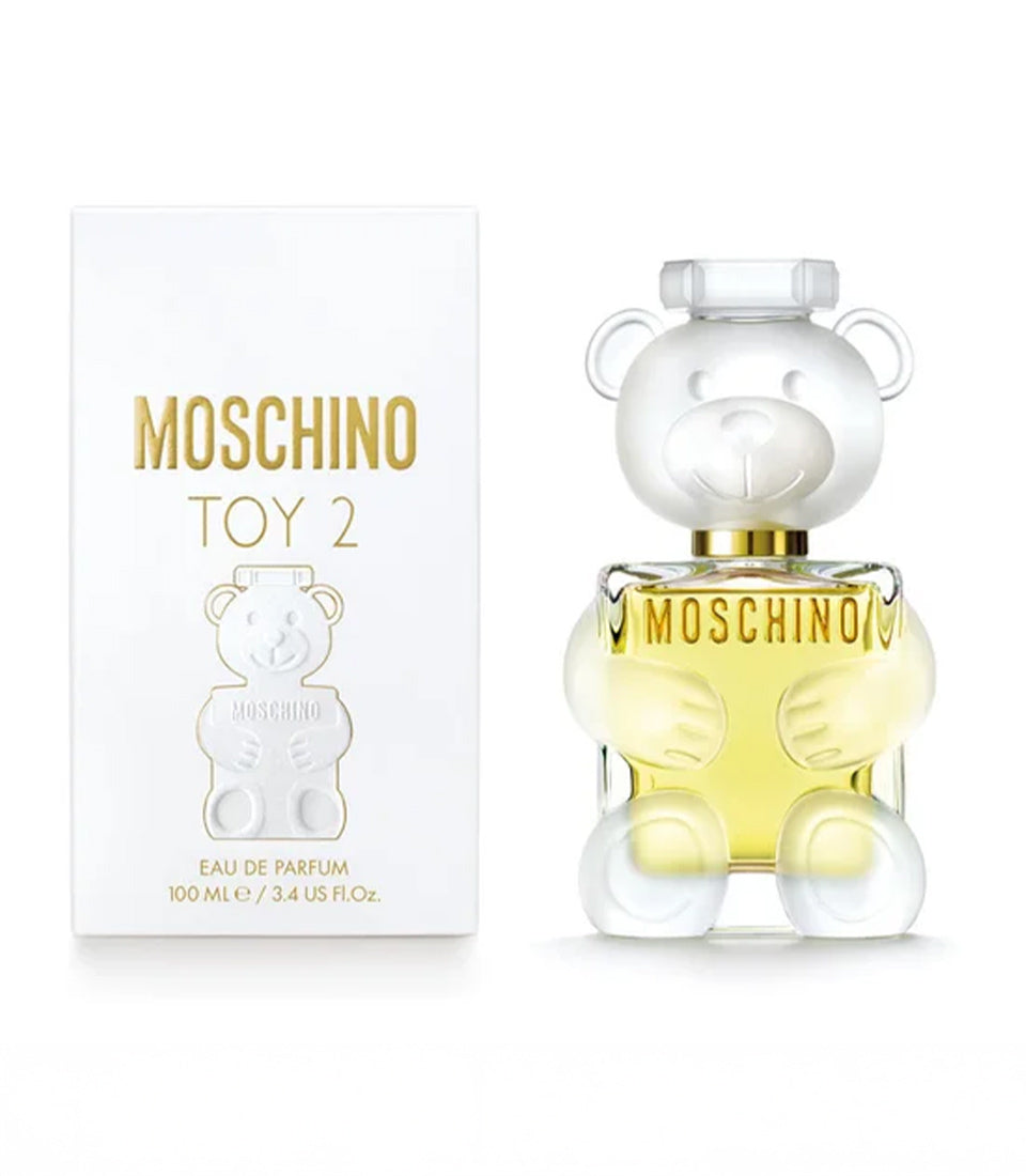 Moschino Toy 2 Eau de Parfum teddy bear bottle in light yellow with white and gold packaging, luxury Valentine's gift for her