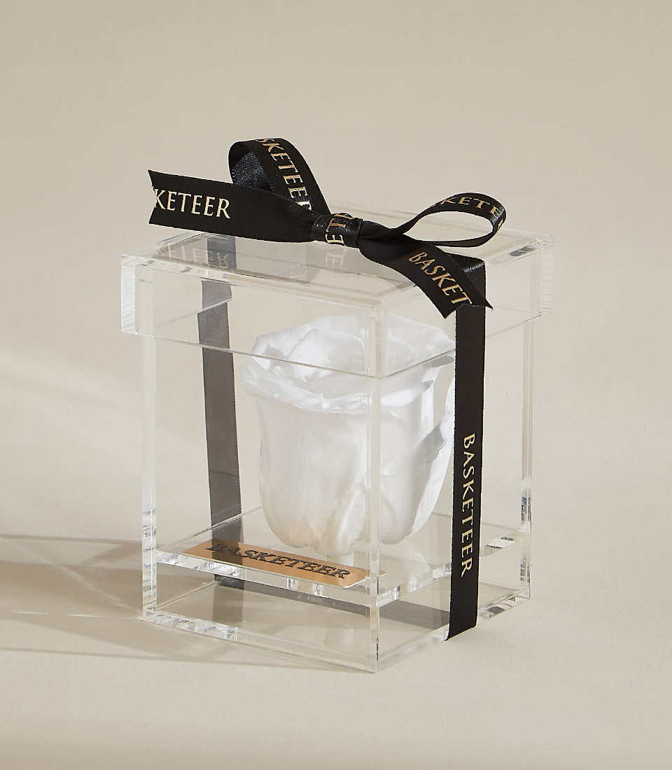 Preserved white rose in clear acrylic box with black ribbon, luxury floral gift