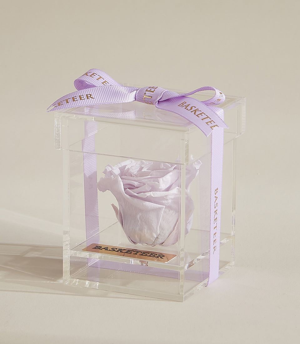 Light purple preserved rose in clear acrylic box with gold ribbon, luxury eternal flower gift