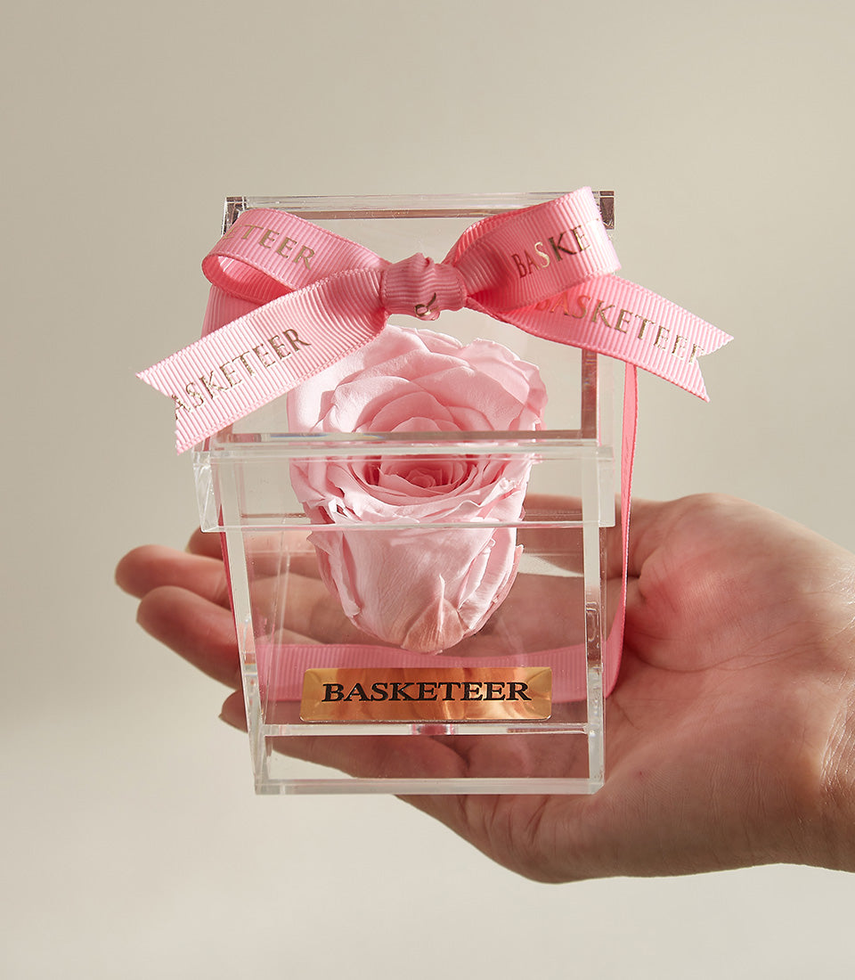 Light pink preserved rose in clear acrylic box with gold ribbon bow and Basketeer plaque