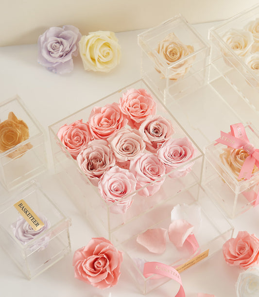 Preserved pink roses in clear acrylic box with luxury gift packaging and ribbon