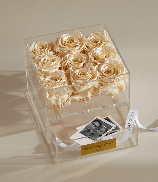 Champagne preserved roses in acrylic box with keepsake drawer and memory photos