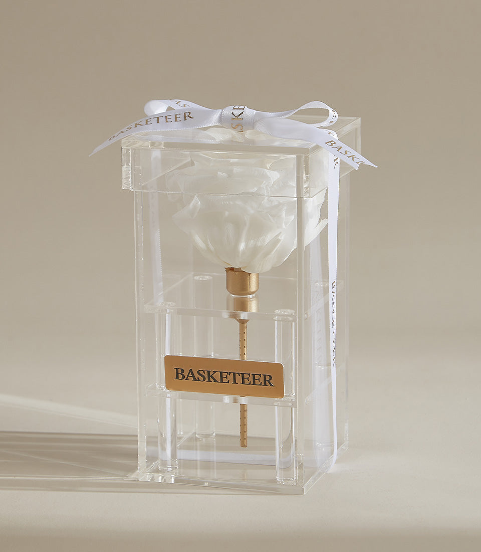 Single preserved white rose from Flowers by Basketeer in a modern acrylic box, finished with a delicate branded ribbon. Perfect for flower delivery Bangkok.