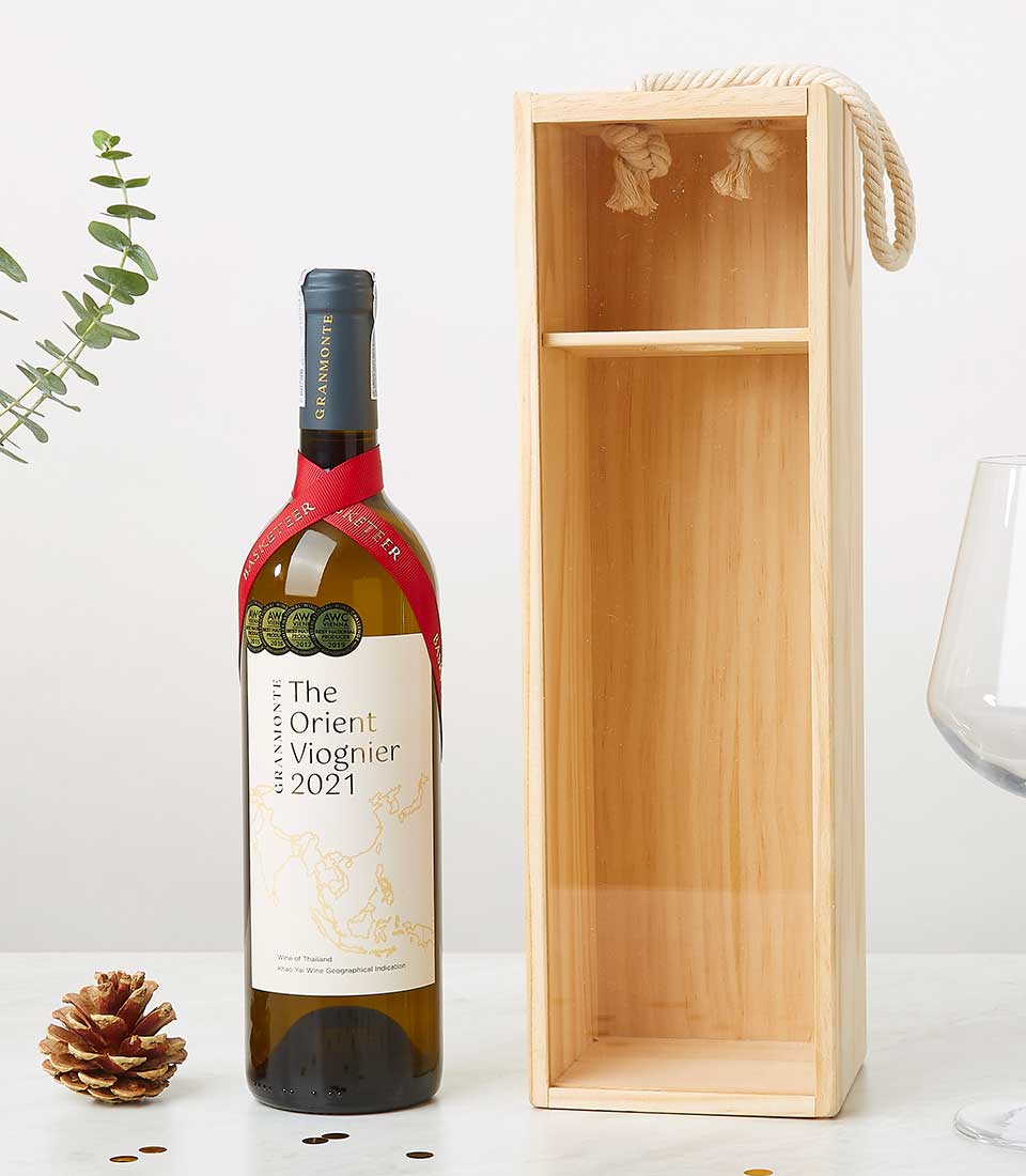 Sophisticated Viognier wine bottle with award-winning white wine in luxury wooden gift box