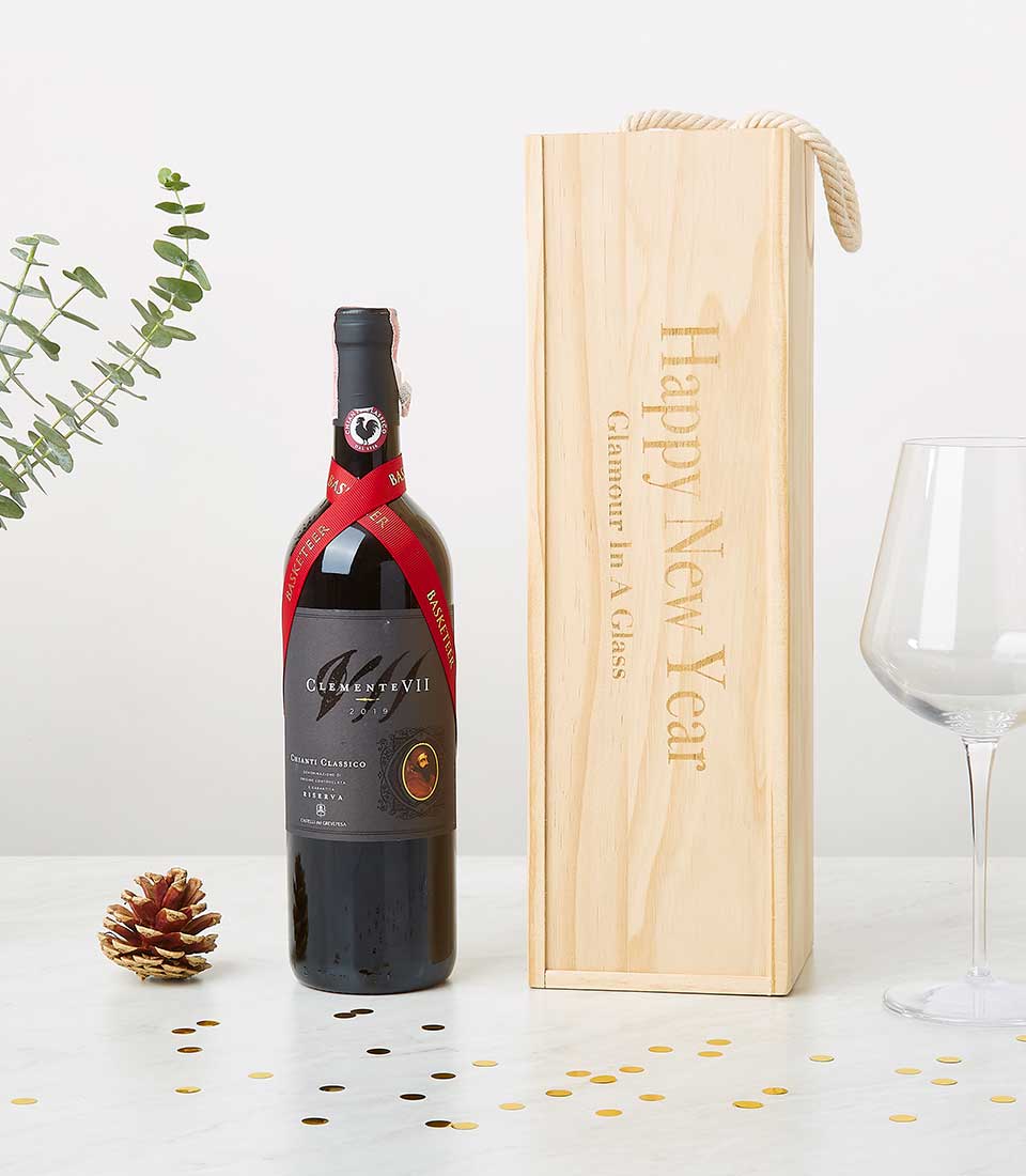 Award-winning Chianti Classico Riserva in pine wood gift box with gold lettering and ribbon