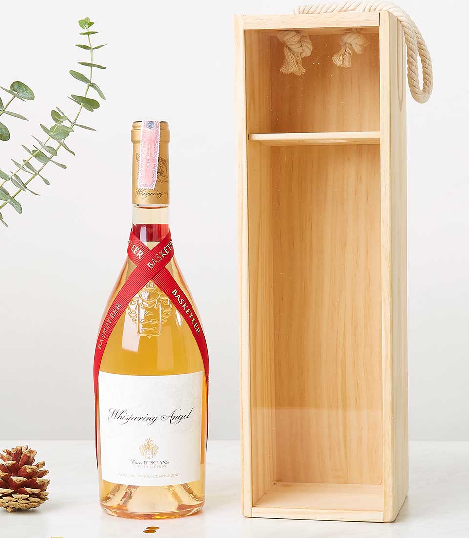 Premium Whispering Angel rosé wine with Côtes de Provence in light wood gift box with rope handle