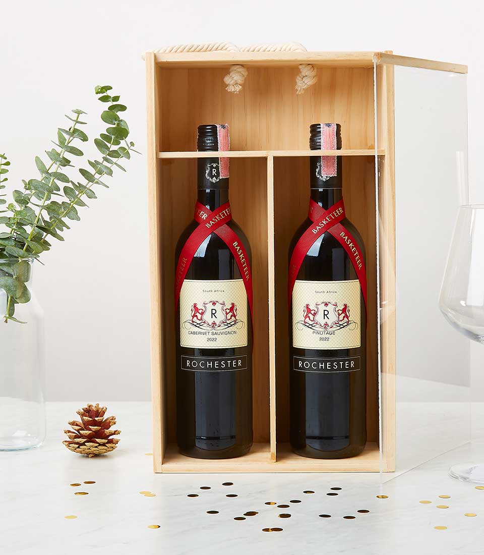 Premium wine gift box with South African Cabernet Sauvignon and Pinotage in wooden case with acrylic lid