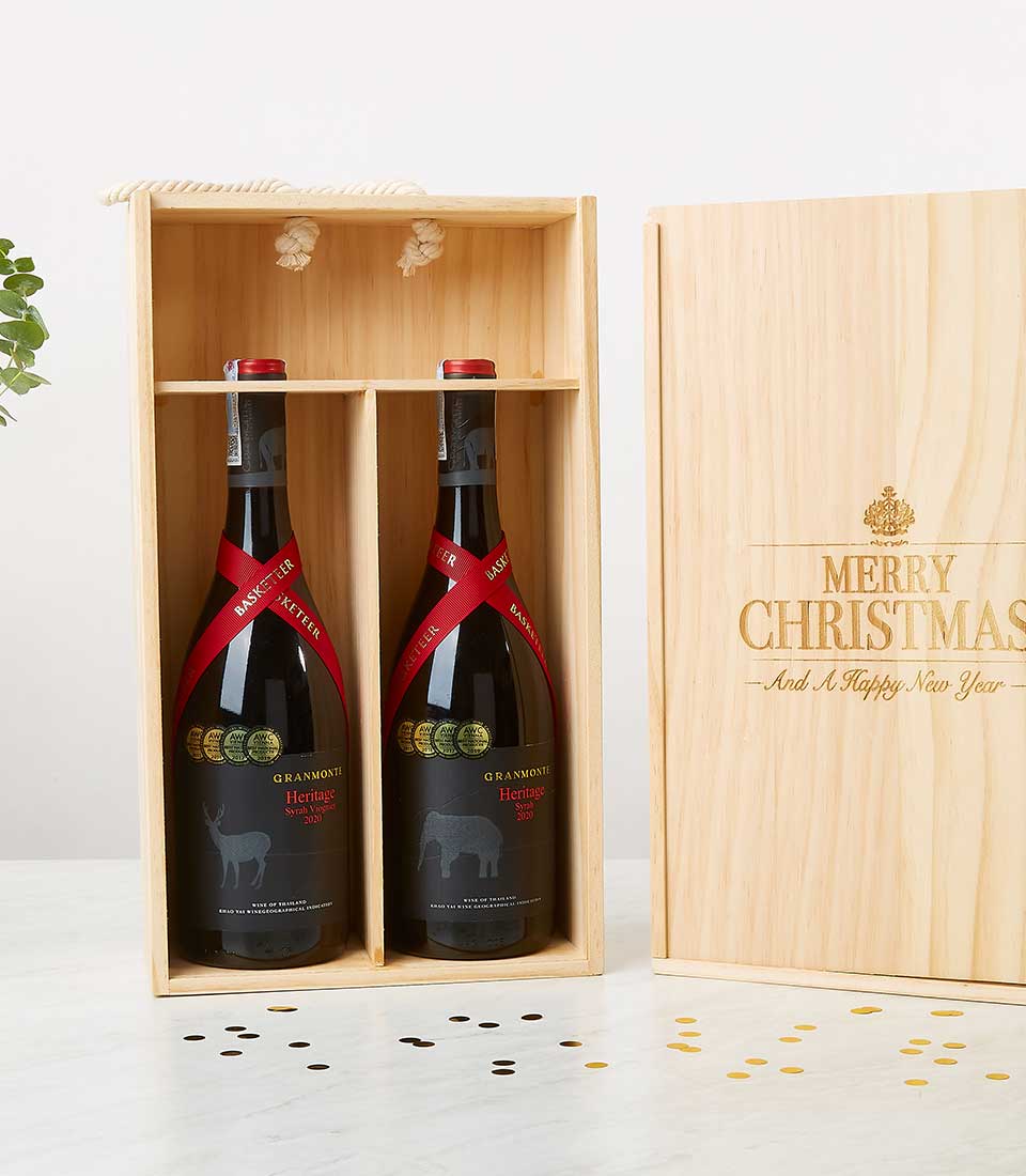 Premium Double Heritage Syrah 2020 wine gift box with award-winning red wines, wooden presentation box, and festive ribbon