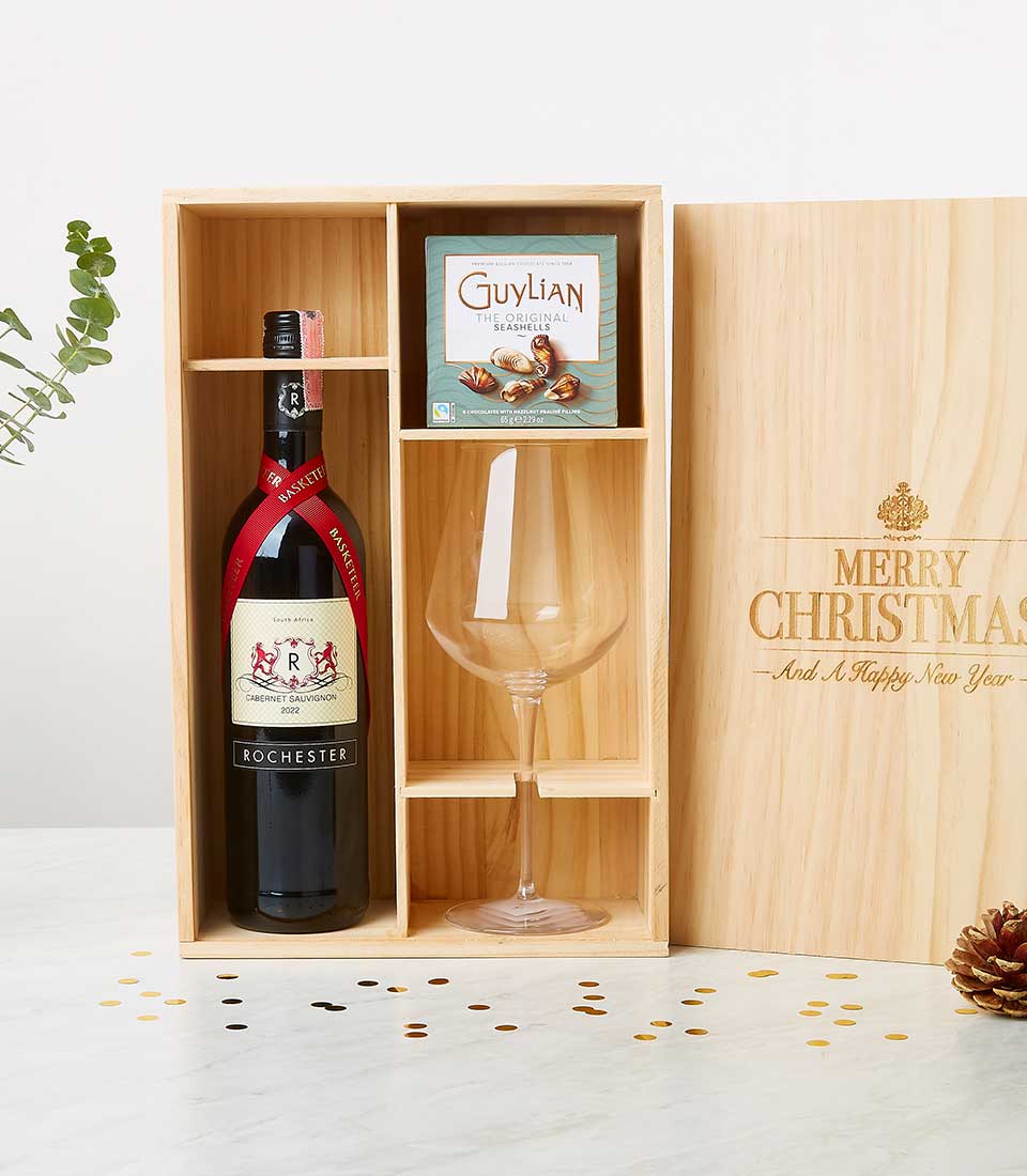 Premium red wine gift set with Guylian chocolates and wine glass in pine wooden box