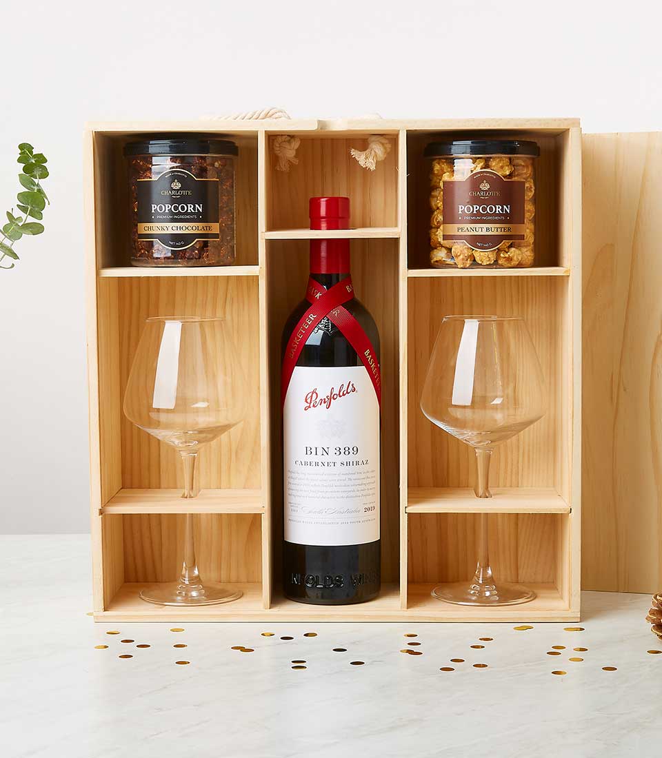 Premium wine and glasses gift set in wooden box with chocolate popcorn and treats