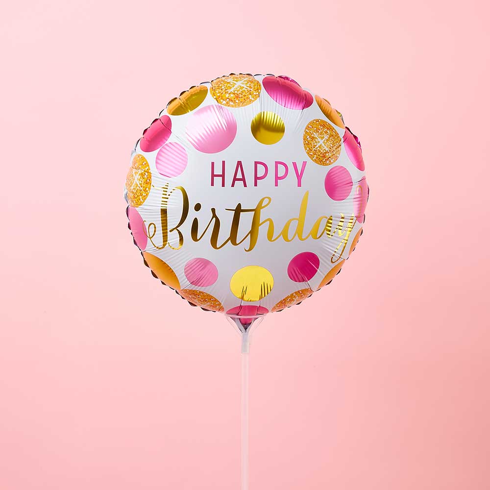 White foil birthday balloon with pink and gold polka dots, air-filled party add-on