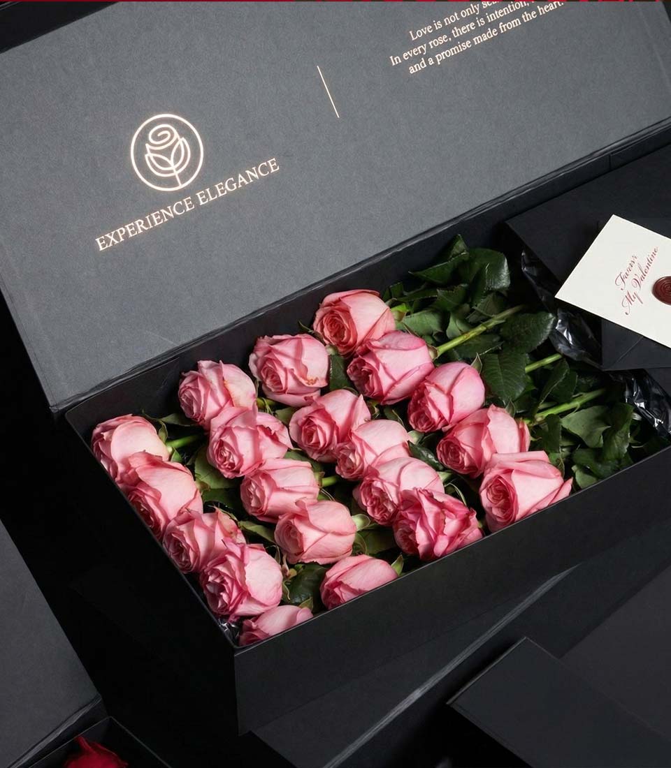 Pink X-pression Roses luxury Valentine gift box with two dozen fresh roses and love note, Flowers by Basketeer