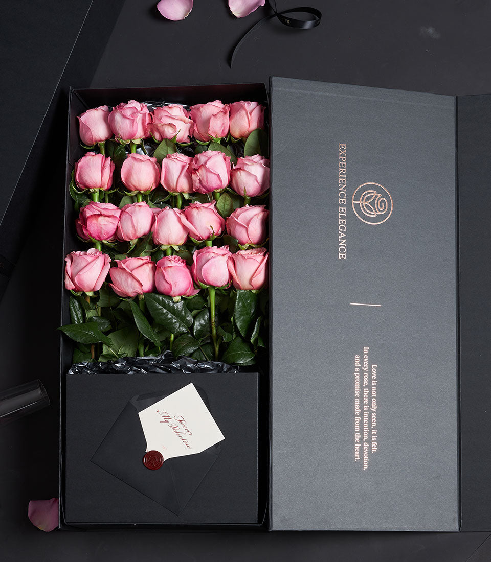 Elegant Flowers by Basketeer rose bouquet in a luxury gift box. Features premium pink roses for flower delivery Bangkok, Thailand.