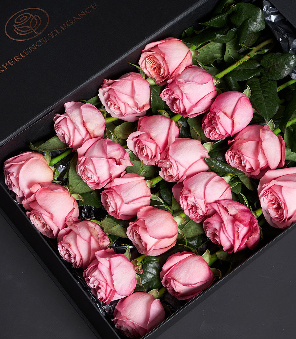 Elegant flower box from Flowers by Basketeer, featuring a romantic arrangement of soft pink roses for flower delivery in Bangkok, Thailand.