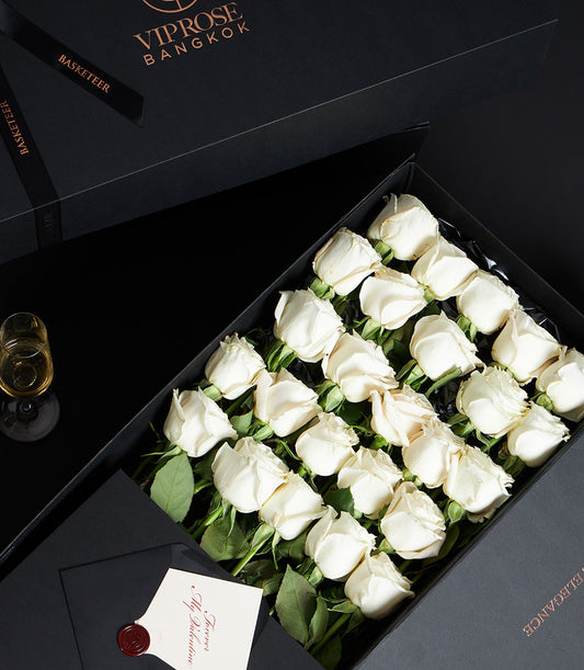 Luxury white rose bouquet in black VIP box with champagne and Valentine's note gift set