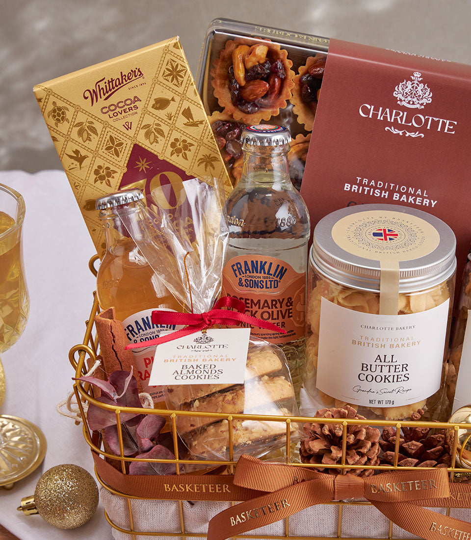 Premium chocolate and British cookies gift basket with Whittaker's chocolate, Charlotte Bakery baked goods, and artisan