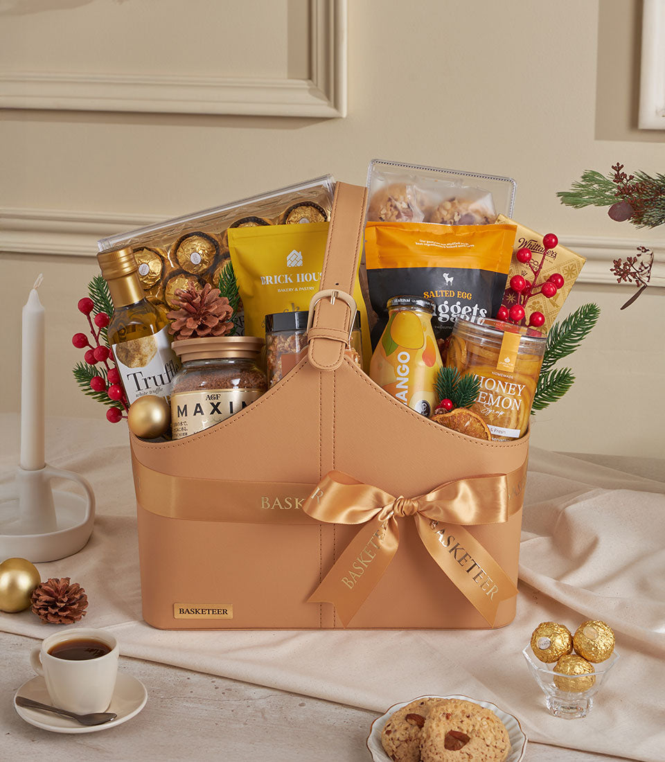Luxury gourmet tote with truffle oil, coffee, and mango juice for New Year gifting