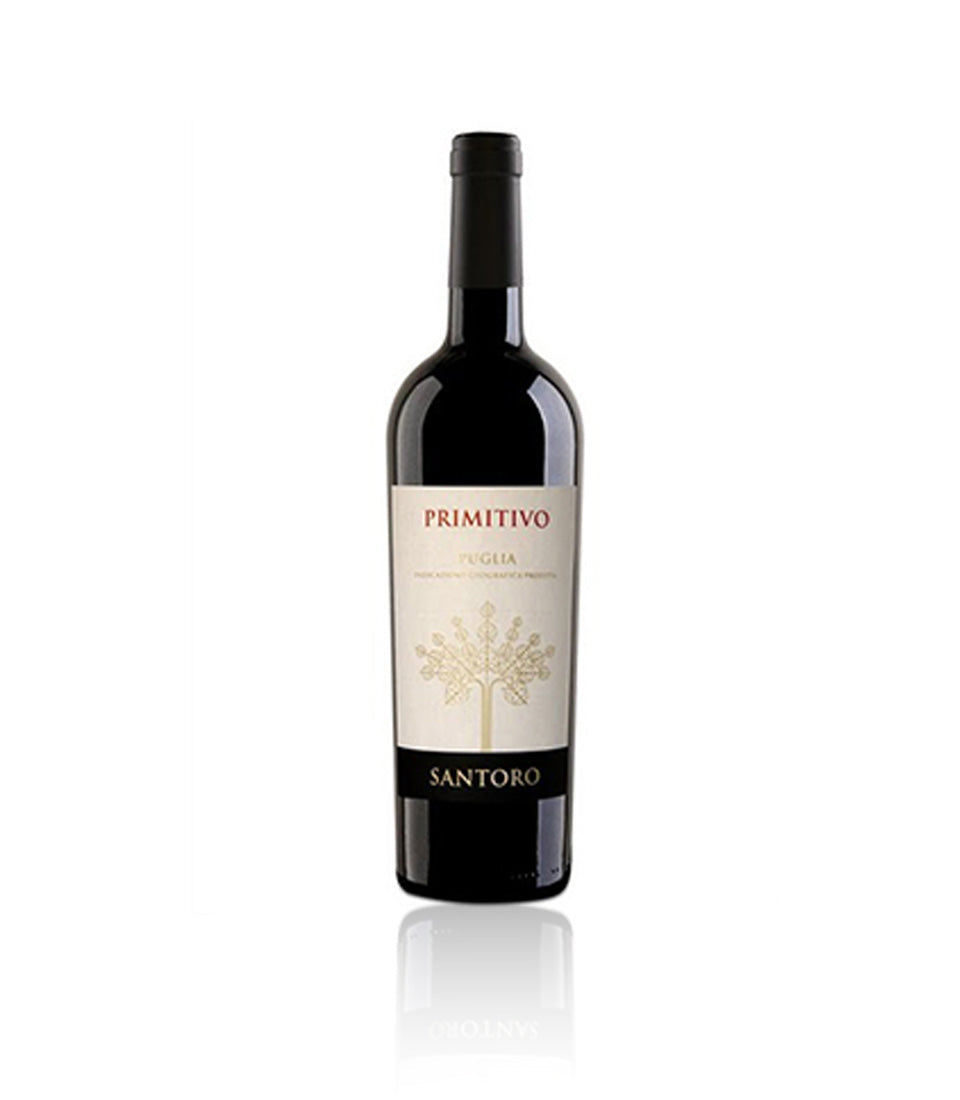 Premium Primitivo red wine with cream label and golden tree motif from Basketeer luxury wine hamper