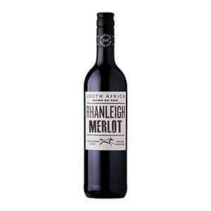 Premium South African Merlot red wine bottle, deep crimson, classic shape with black screw cap for festive holiday gifting