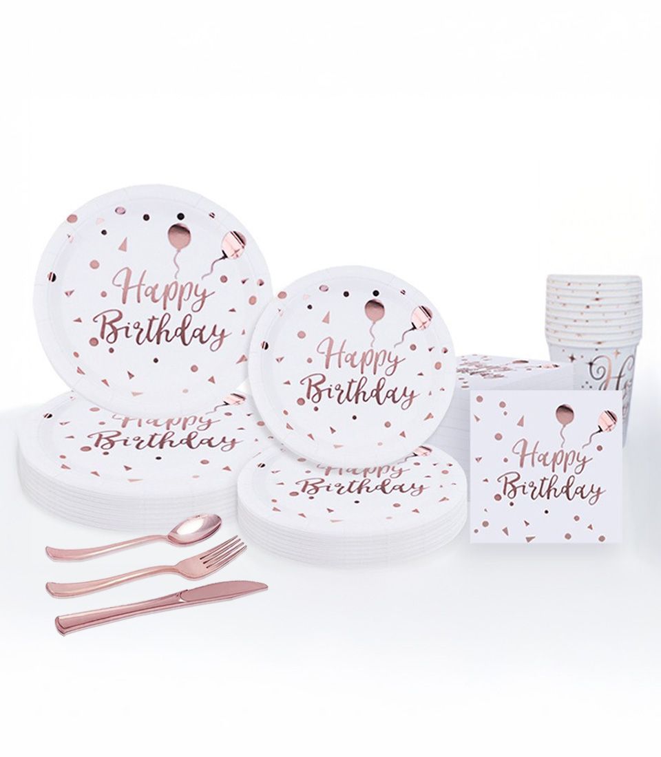 White and rose gold Happy Birthday party tableware set with plates, cups, napkins and cutlery for ten guests