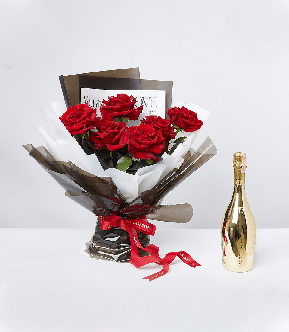 Red roses bouquet with gold Bottega sparkling wine gift set, tied with Basketeer ribbon