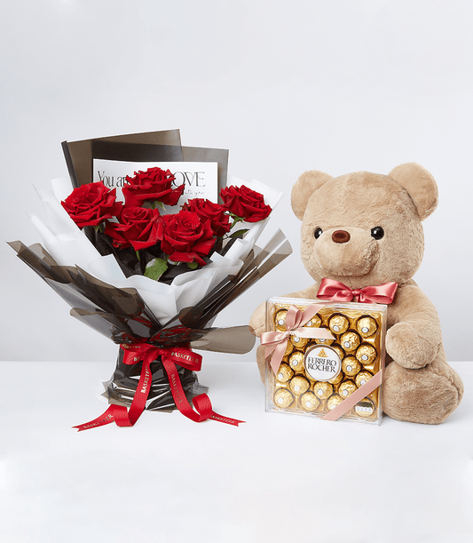 Red rose bouquet with teddy bear, chocolates and love card romantic gift set