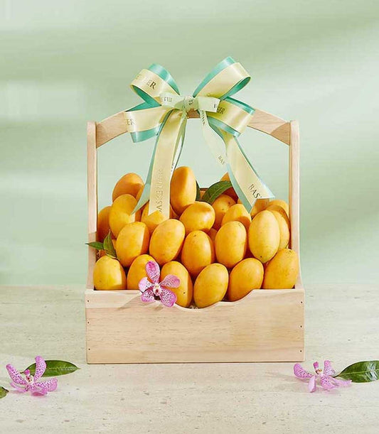 Luxury wooden basket filled with ripe yellow mangoes, light green and cream ribbon bow, purple orchid accents