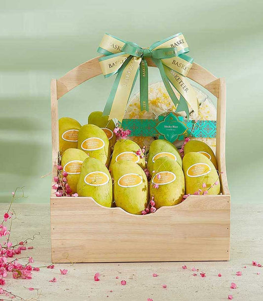 Heritage mango sticky rice wooden gift basket with fresh Thai mangoes and artisan sticky rice