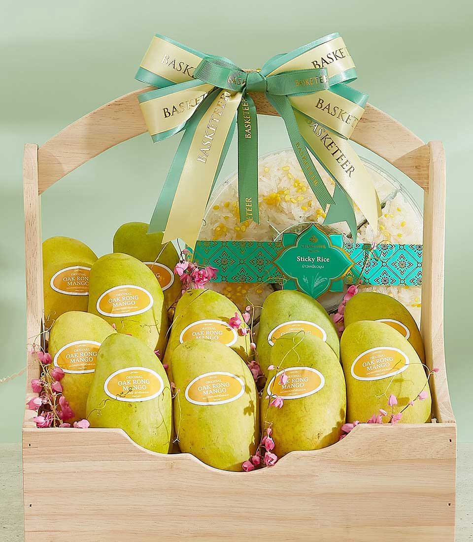 Heritage mango and sticky rice gift basket with tropical Thai fruit and artisan treats