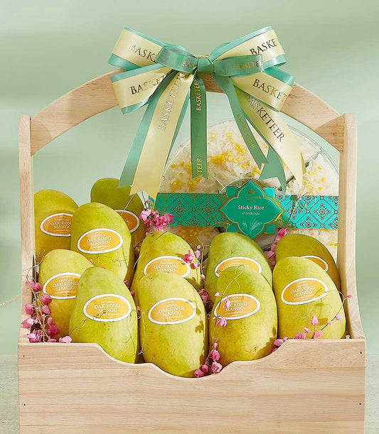 Heritage mango and sticky rice gift basket with tropical Thai fruit and artisan treats