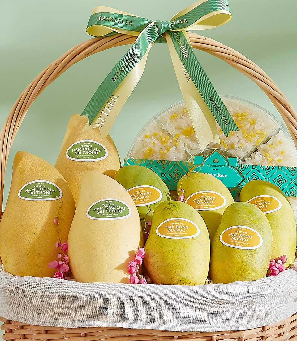Premium Nam Dok Mai and Oack Rong mangoes with sticky rice in woven wicker gift basket