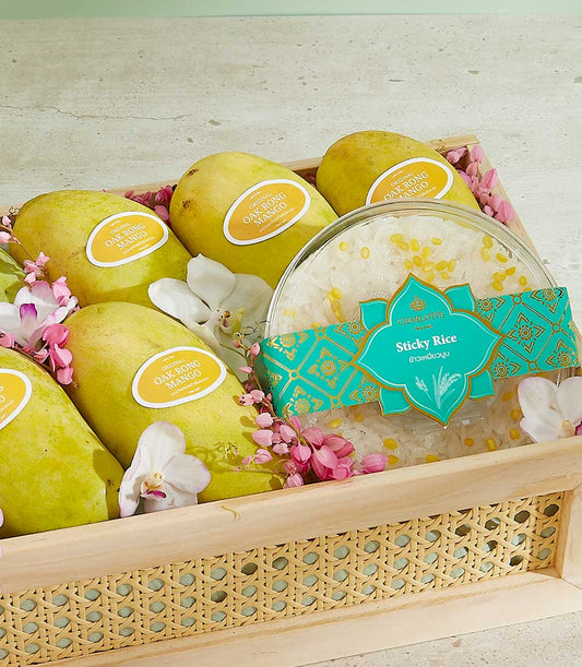 Premium Oak Rong mango gift basket with sticky rice, fresh orchids, and rattan wooden tray