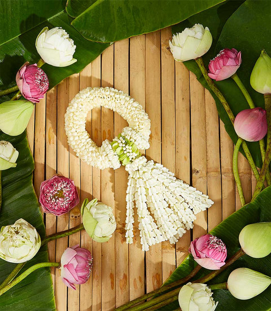 Thai jasmine garland with cascading white blossoms and lotus flowers on banana leaves for Songkran