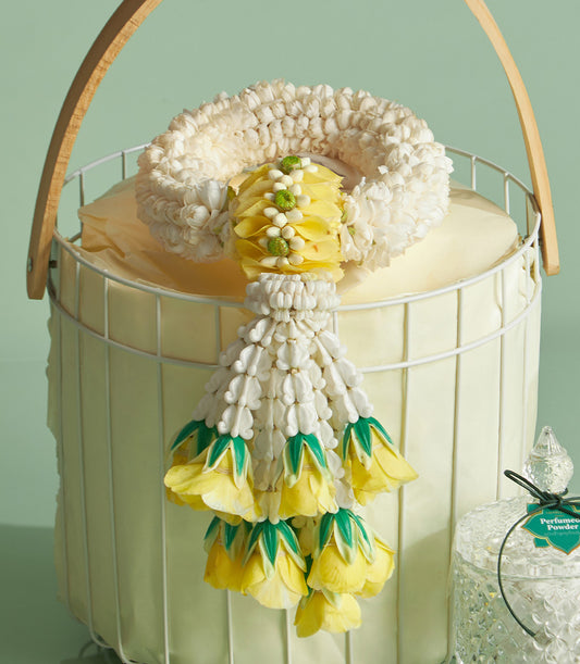 White jasmine phuang malai garland in wire basket with perfumed powder, Songkran blessing gift