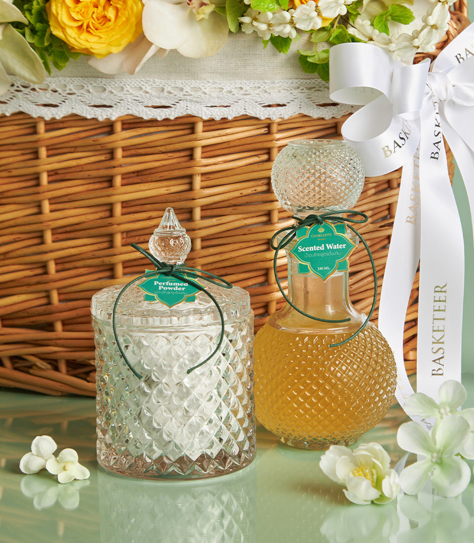 Grandeur Songkran Blessing Basket with perfumed powder, scented water, and white flowers for Thai New Year