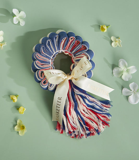 Thai Pha-Kao-Ma garland ornament in denim blue and striped fabric with cream satin bow, Songkran gift