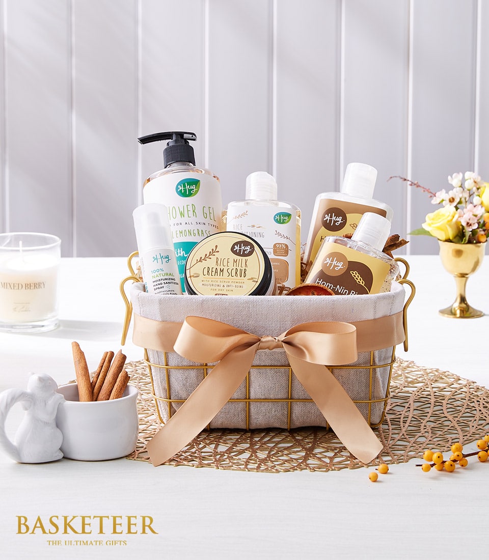 Gold wire spa gift basket with lemongrass shower gel, rice milk scrub, and natural hand sanitizer spray for her