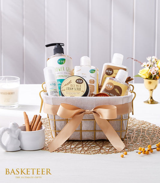 Gold wire spa gift basket with lemongrass shower gel, rice milk scrub, and natural hand sanitizer spray for her