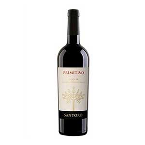 Deep red Primitivo wine bottle with gold-bordered cream label, perfect for Christmas celebrations and festive gatherings