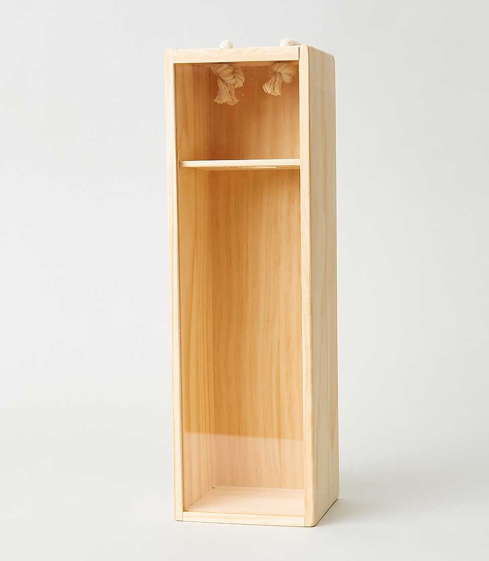 Tall wooden wine gift box with clear acrylic panel and rope handles
