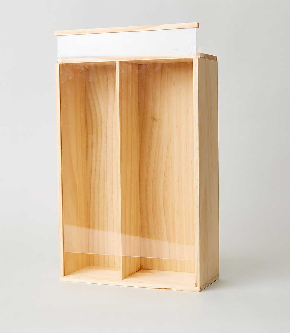 Natural pine wooden gift box with divided compartments and clear acrylic display panel