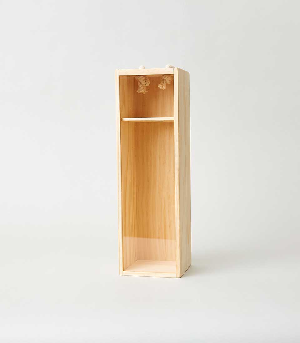 Tall wooden wine box with rope handles and dual compartments for premium gifting