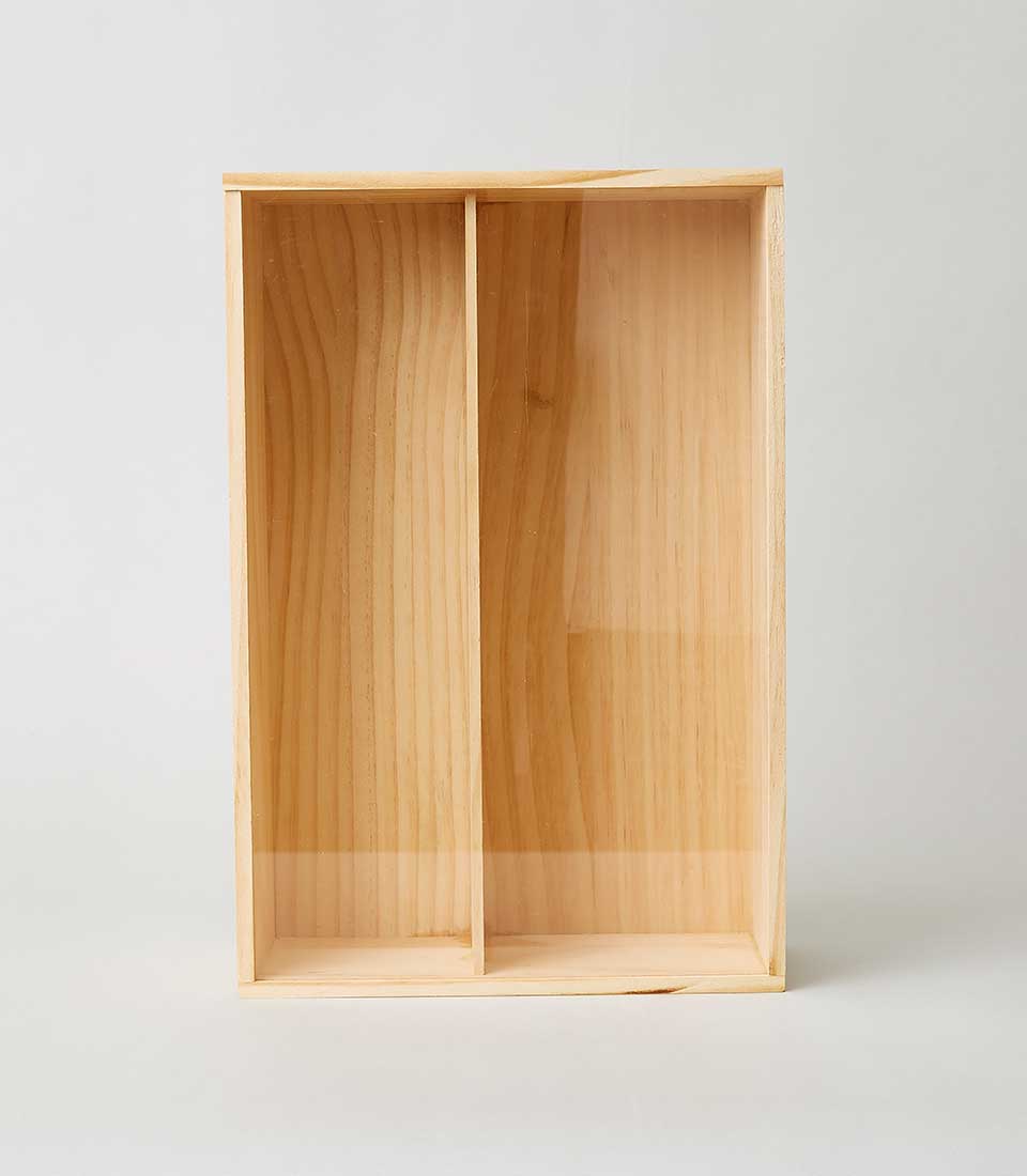 Natural pine wooden gift box with two acrylic compartments and visible grain detail