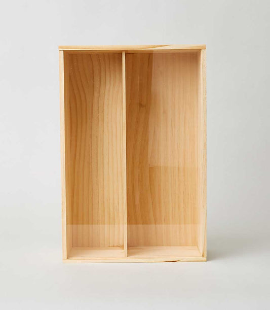 Natural pine wooden gift box with two acrylic compartments and visible grain detail