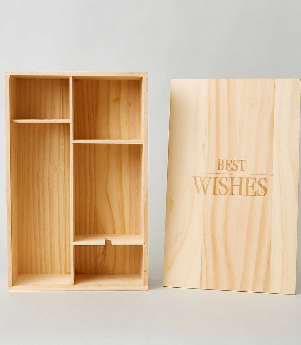 Pine wood wine box with glass lid, engraved "Best Wishes" compartments for luxury gift presentation