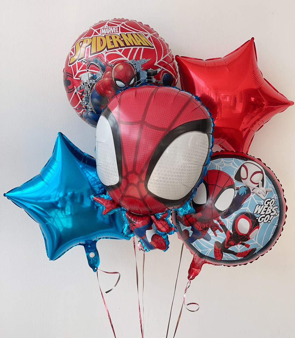 Spider-Man foil balloon bouquet with red character face, Marvel logo, and star balloons for kids' birthday