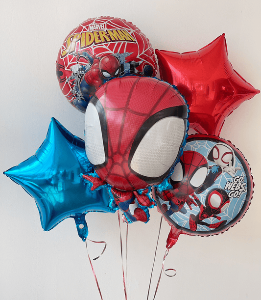 Spider-Man foil balloon bouquet with red character face, Marvel logo, and star balloons for kids' birthday