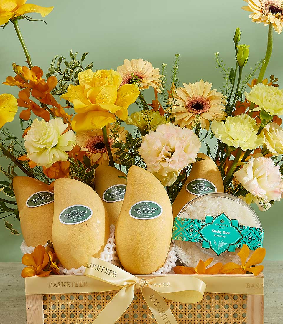Premium Nam Dok Mai mango gift basket with sticky rice, yellow roses, and tropical flowers