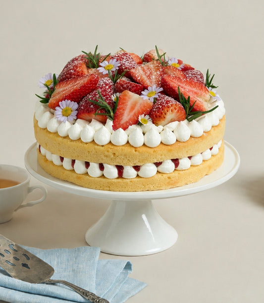 Charlotte Bakery's artisan round British sponge cake with fresh strawberries, piped